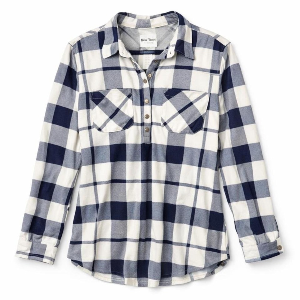 New York Laundry Plaid Flannel Shirt‎ Womens 2X Blue White Snap Sleeve Soft